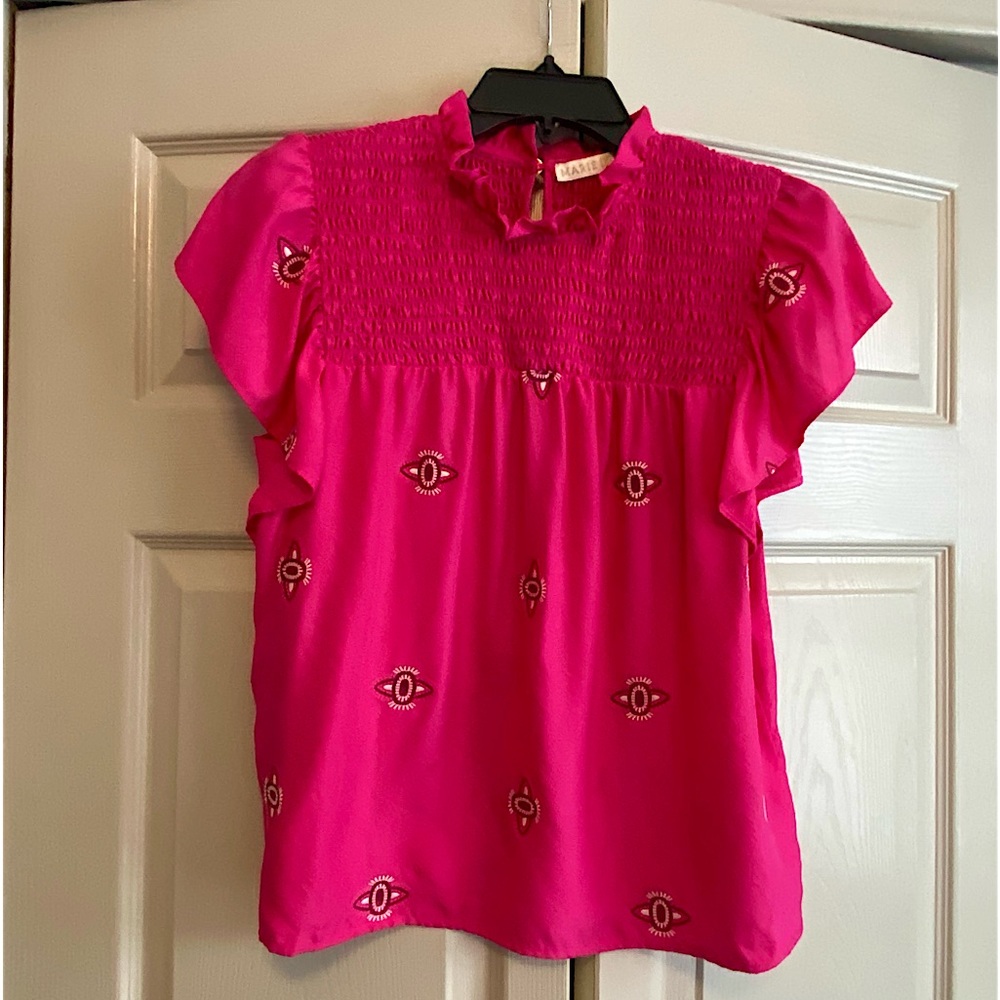 Marie Oliver Silk Smocked Blouse with Geometric Embroidery